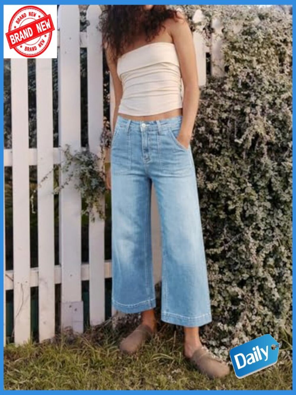 High Waisted Baggy Wide Leg Cropped Jeans Stretchy Denim Pants - Picture 2 of 7
